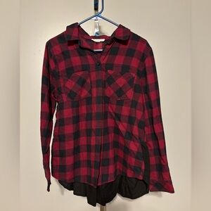 BEACH LUNCH LOUNGE Womens Red Plaid Flannel‎ Blouse w/ Back Ruffle Sz M